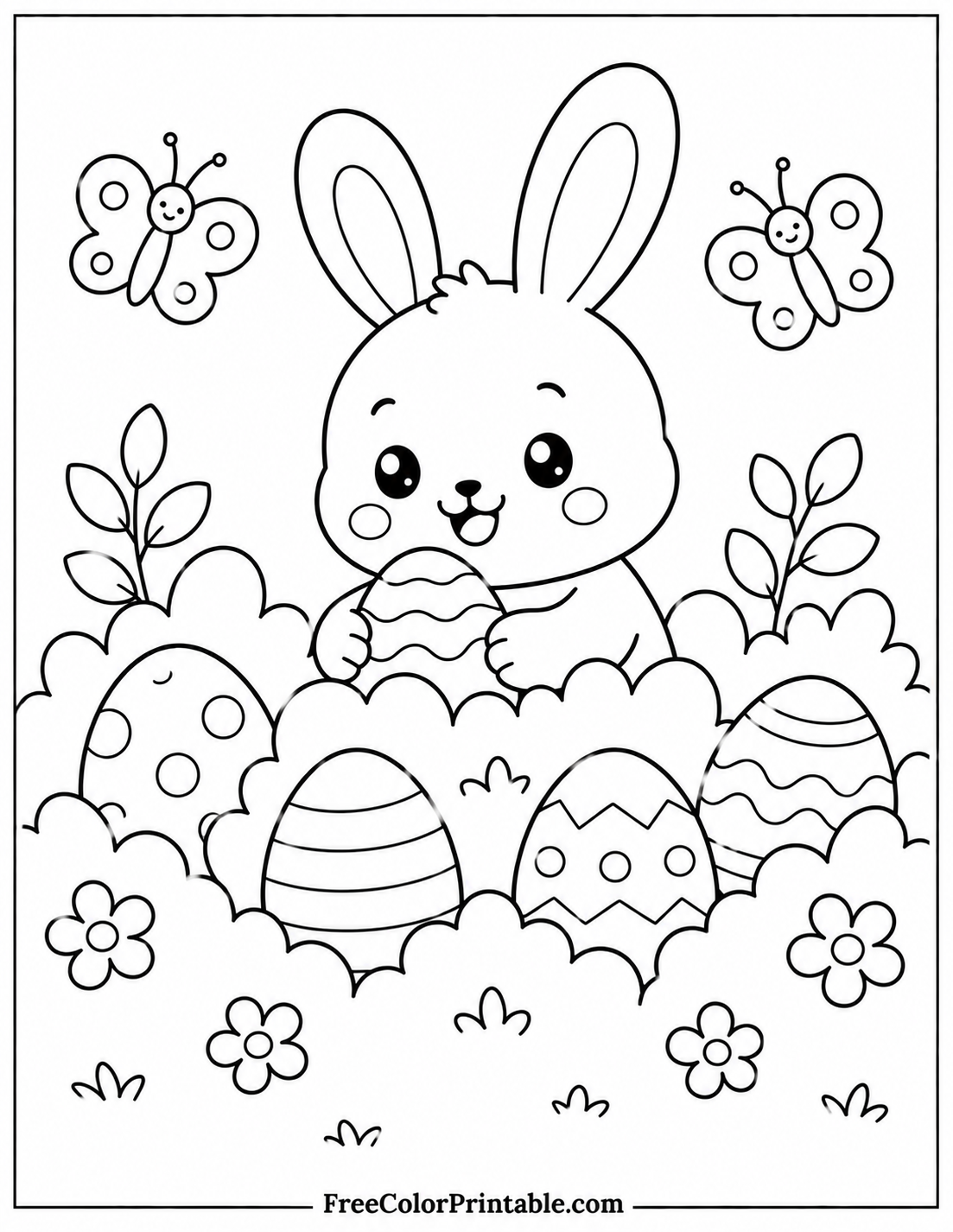 Easter bunny with decorated eggs Coloring Page — Free Printable — free printable coloring page